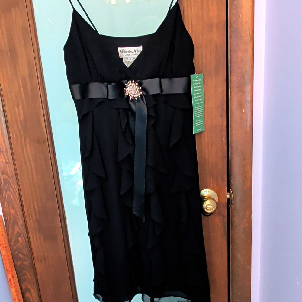 NWT Vintage Y2K Blondie Nites Black Ruffle Mini Dress Rhinestone Brooch Sz 4